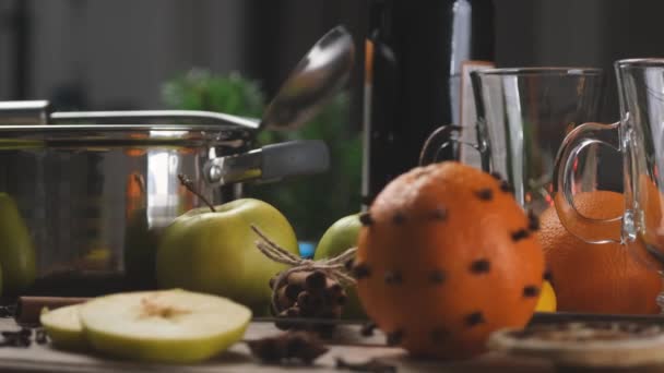 Set Fruits Spices Kitchenware Mulled Wine Home Preparation — Stock Video