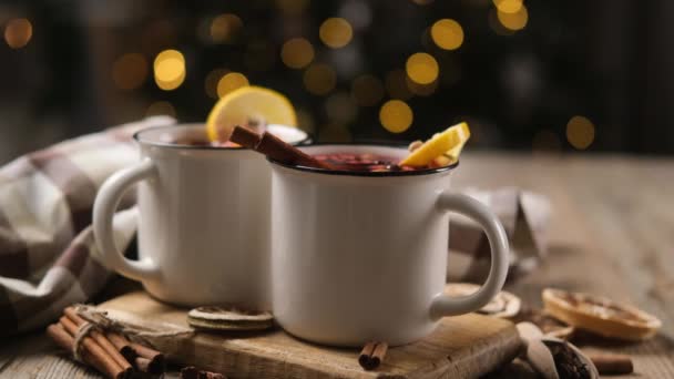 Mulled Wine Decorated Cinnamon Lemon Steel Mugs Standing Christmas Illumination — Stock Video