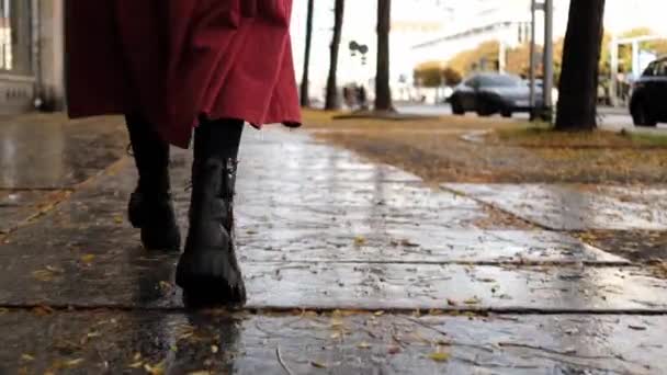 Feminino Saia Vermelha Longa Botas Pretas Caminha Longo Rua Cidade — Vídeo de Stock