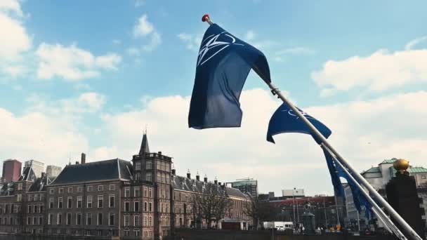 Vlajky Severoatlantické Aliance Nato Organizace Vlajkových Stožárech Nábřeží Centru Haagu — Stock video