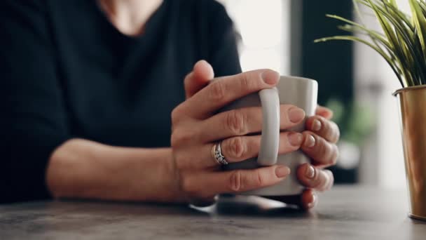 Menina Está Segurando Uma Xícara Chá Suas Mãos Cozinha — Vídeo de Stock