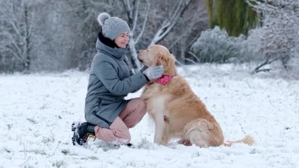 Adorable Young Golden Retriever Dog Owner Woman Winter Outdoors — Stock Video