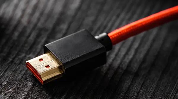 Red Wire Hdmi Connector Dark Table Close View — Stock Photo, Image