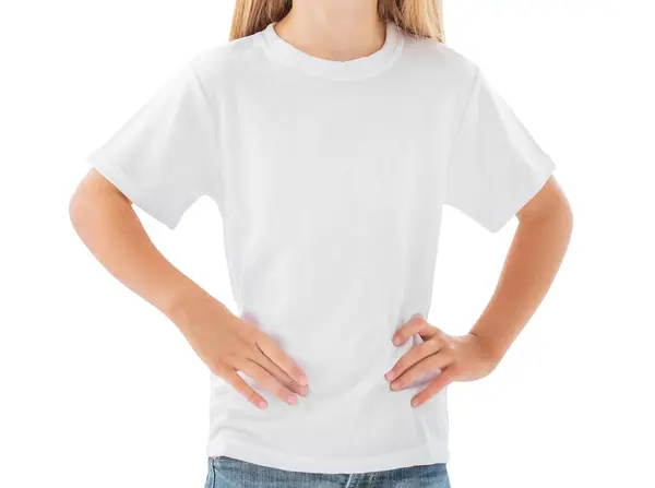 Little Girl White Template Blank Shirt Isolated White Background — Stock Photo, Image
