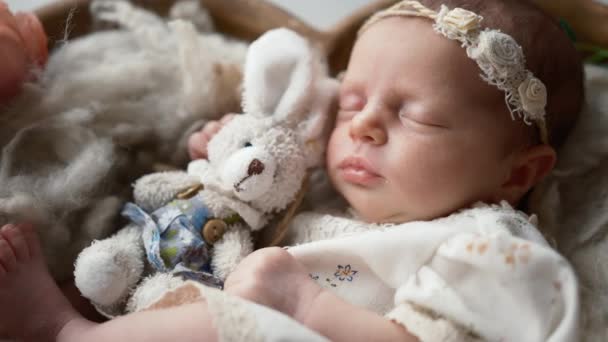 Adorable Infant Girl Sweetly Sleeping Bed Hugging Push Toy — Stock Video