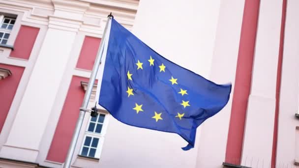 欧盟旗帜在杆子上飘扬 欧盟旗帜 联合欧洲的象征 — 图库视频影像