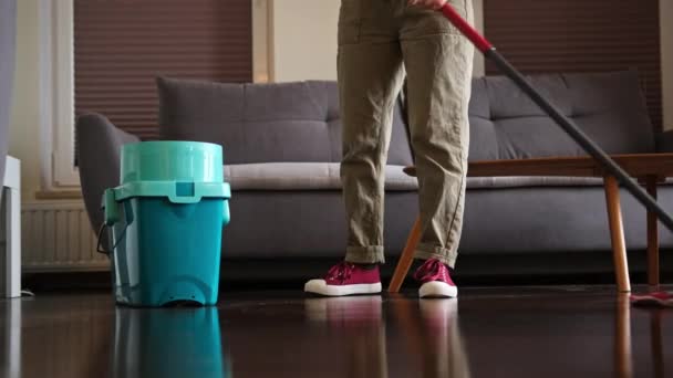 Woman Cleaner Mopping Living Room Floor — Stock Video