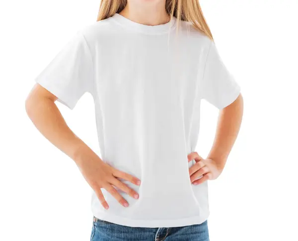 Cute Little Girl White Blank Shirt Isolated White Background — Stock Photo, Image