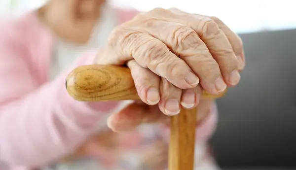 Handen Van Oude Vrouw Met Riet Van Dichtbij Bekijken — Stockfoto