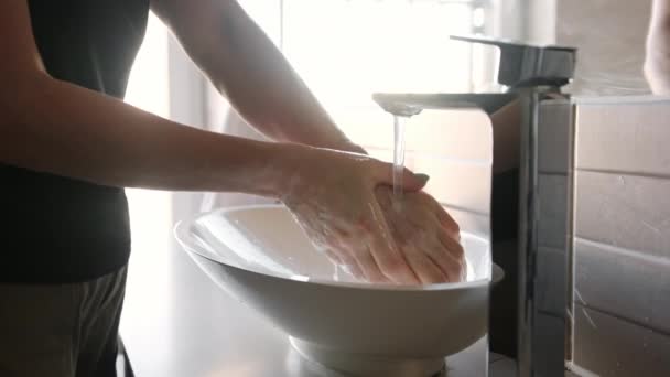 Close View Woman Washing Her Hands Bathroom Dalam Bahasa Inggris — Stok Video