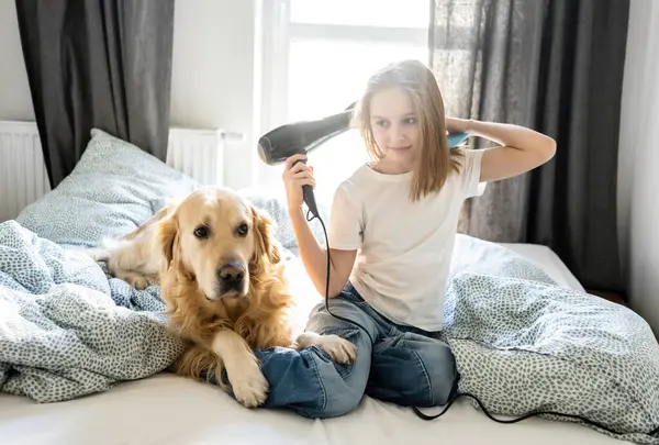 Boldog Kislány Hajszárító Haj Egy Hajszárítóval Kutyával Ágyon Stock Kép