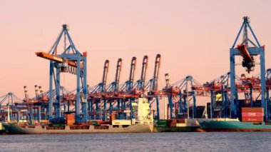 Hamburg, Almanya - 07 Temmuz 2023: 4K kargo limanında vinç ve gemilerle gün batımında Hamburg 'daki Elba nehri üzerinde çalışma süresi