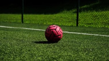 Futbol topu sahada çimlerin üzerinde yuvarlanıyor.