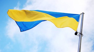 Ukrayna Ulusal Bayrak Dalgaları Gökyüzü Arkaplanına Karşı Bayrak Direğinde