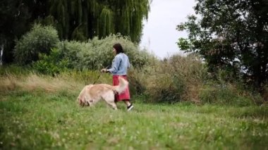 Yeşil çimenlikte altın bir köpekle yürüyen bir kadın.