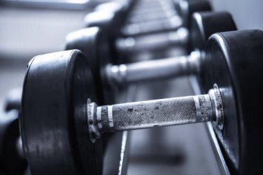 Spor salonundaki bir rafta duran dambıllar dizisine yakın.