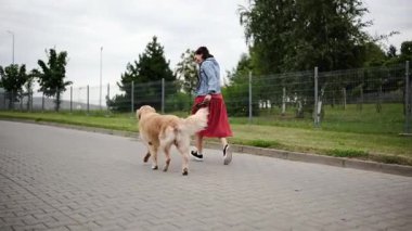 Kız, günlük sabah rutininin bir parçası olarak tasmayla altın av köpeğini gezdiriyor.