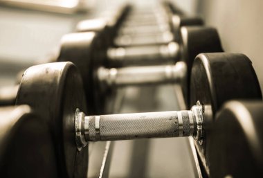 Spor salonunda antreman için bir sıra dambılla rafa kaldır.