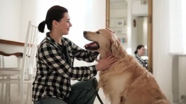 Kadın Ayakkabı Bağcığı Bağlar ve Evcil Hayvan Sevimli Altın Köpek Her Gün Yürüyüşünden Önce