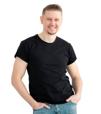 Happy Man In Black Shirt With Copy Space Isolated On White Background