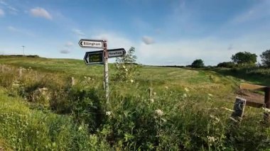 Roadside signpost in Northumberland pointing to A1 on a windy summer day.