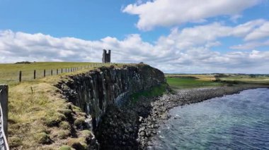 Craster, Northumberland yakınlarındaki Dunstanburgh Şatosu uçurumları martılar ve deniz kuşlarıyla denize bakıyor.