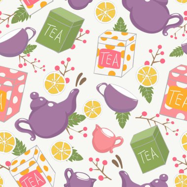 Güzel, geleneksel, çok renkli çay takımları beyaz arka planda pürüzsüz desenler olarak. Vektör illüstrasyonu