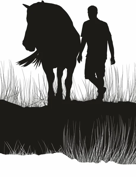 背の高い草の男と馬と黒と白の背景のイラスト — ストックベクタ
