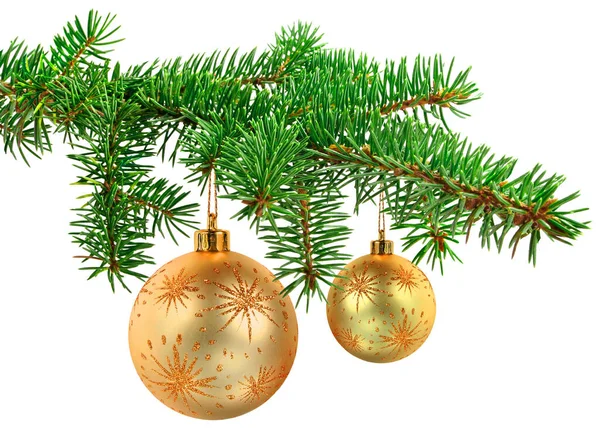 Stylish Golden Decoration Balls Hanging Christmas Tree Branch Isolated White — Stock Photo, Image