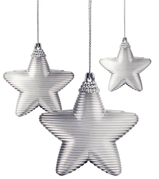 白に隔離された3つの現代的なスタイルの銀クリスマス装飾星 — ストック写真