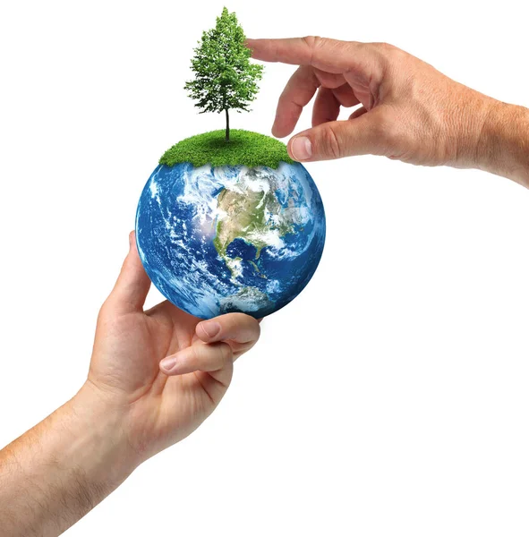Handen Die Een Boom Planten Blauwe Planeet Aarde Geïsoleerd Red — Stockfoto