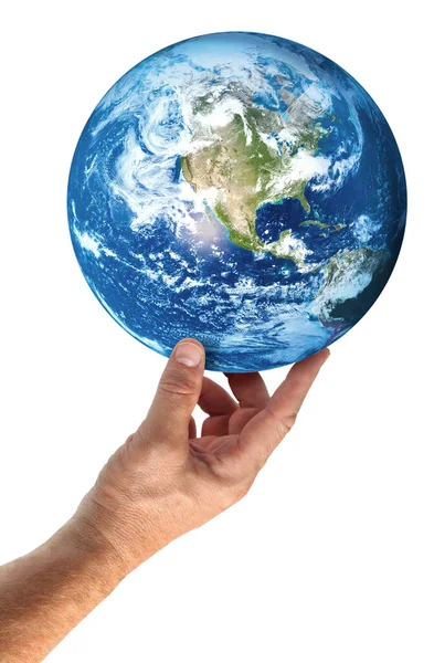 Mannelijke Hand Die Blauwe Planeet Aarde Vasthoudt Ondersteunt Geïsoleerd Ecologie — Stockfoto