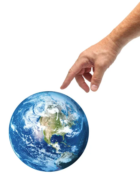 雄性手伸出手去触摸蓝色的地球 与世隔绝 生态和气候变化概念 图库照片