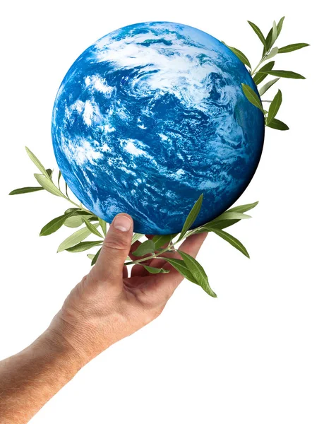 Hand Houden Ondersteunen Blauwe Planeet Aarde Met Vrede Symbool Olijfboom — Stockfoto