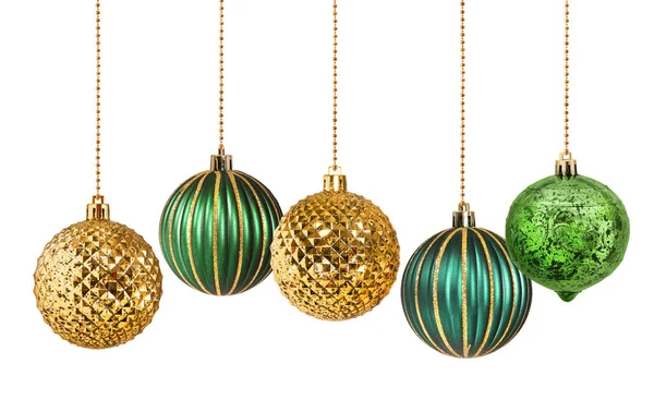 Set Cinco Bolas Navidad Decoración Dorada Verde Colgando Aisladas —  Fotos de Stock