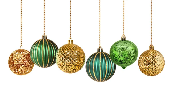 Set Seis Bolas Navidad Decoración Dorada Verde Colgando Aisladas Fotos de stock libres de derechos