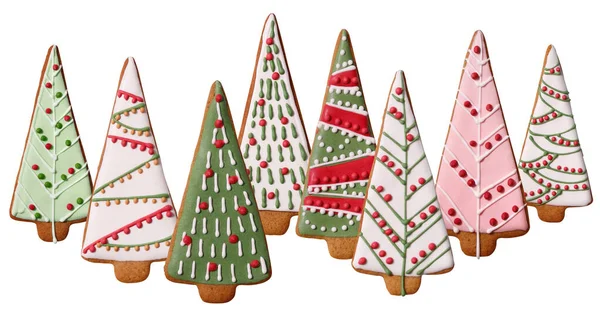 Zuckerguss Dekoriert Weihnachtsbaum Geformte Lebkuchen Bilden Eine Waldsilhouette Isoliert Stockbild