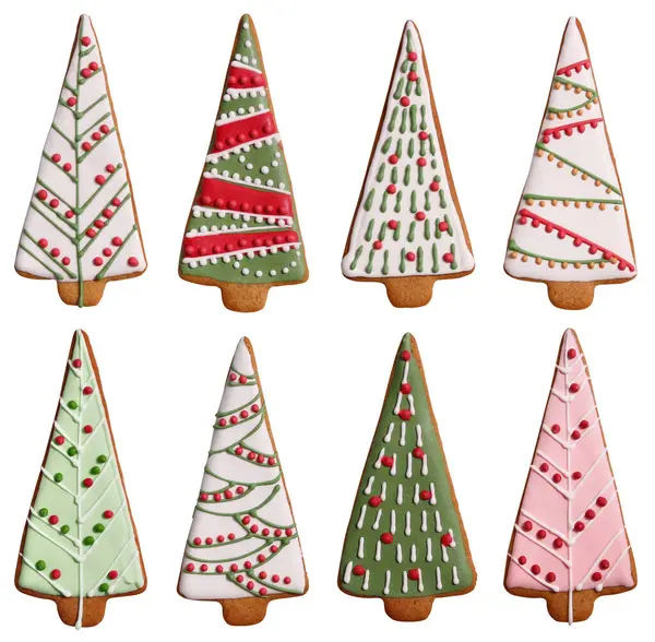 Verschiedene Zuckerguss Dekoriert Weihnachtsbaum Geformt Lebkuchen Set Isoliert lizenzfreie Stockfotos