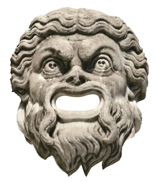 Ősi Görög Színházi Maszk Kőből Faragva Ijesztő Vagy Mosolygó Arckifejezéssel Stock Kép