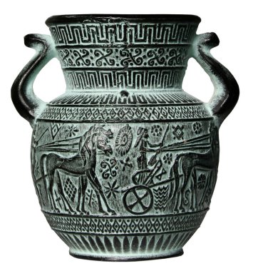 Greek patinated amphora vase with horses and soldiers decoration clipart