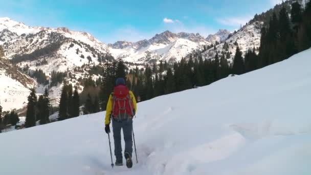 Homem Com Uma Mochila Caminha Livre Inverno Nas Montanhas Vista — Vídeo de Stock
