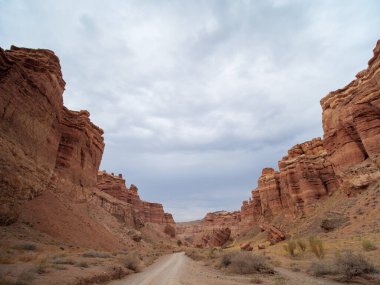 Charyn Canyon Ulusal Parkı. Kaleler Vadisi 'nin dibindeki yol. Kızıl kaya oluşumları milyonlarca yıllık erozyonun bir sonucu olarak oluştu. ABD Büyük Kanyonu 'nun küçük bir kopyası..