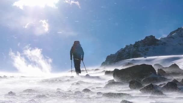 冬の風の強い日に山を歩いている男 雪のパン粉が地面に沿って飛んでいる バックパックとトレッキングポールを持つ男 スローモーション — ストック動画