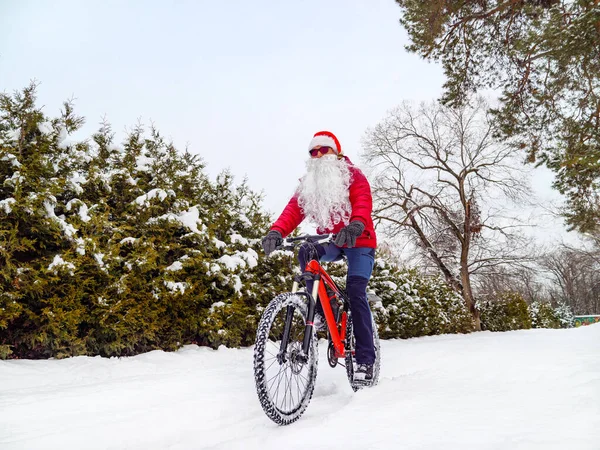 Santa Claus rides a bicycle in winter. A guy with a beard and wearing a Santa Claus hat rides through deep snow on a red bicycle
