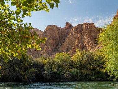 Charyn Nehri 'nin kanyonunda. Dağ nehri, kırmızı ve sarı kumtaşından kayalık kayalıkların arasında. Charyn Kanyonu Ulusal Parkı