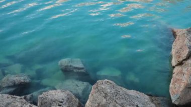 Dağ gölünün inanılmaz turkuaz, berrak suları. Sıcak ve sakin bir günde bir dağ gölünün kıyısında. Büyük Almaty Gölü