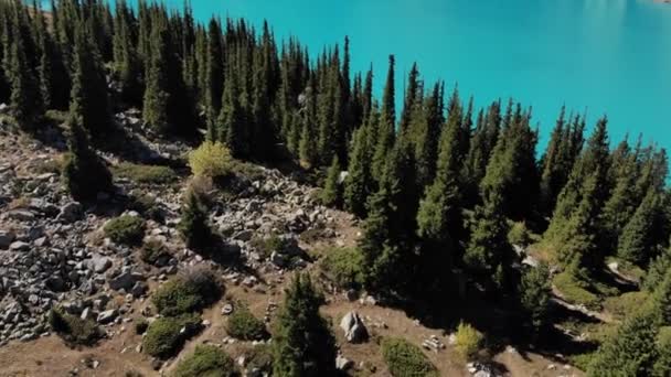 Turkoois Helder Water Van Het Bergmeer Bergen Bedekt Met Sneeuw — Stockvideo