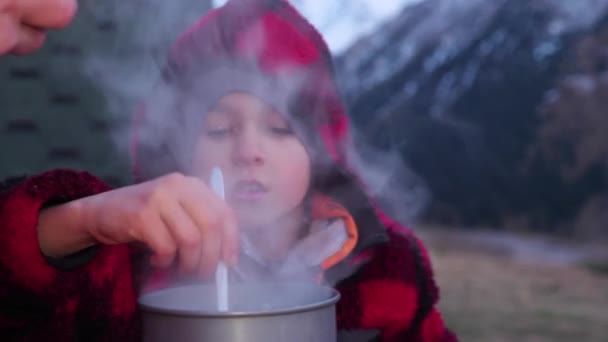 Boy Cooks Dinner Gas Burner Camping Trip Boy Stirring Dish — Stock Video