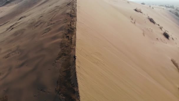 Muž Rychle Vyleze Hřeben Obrovské Duny Vzdušný Pohled Dronu Zpívající — Stock video