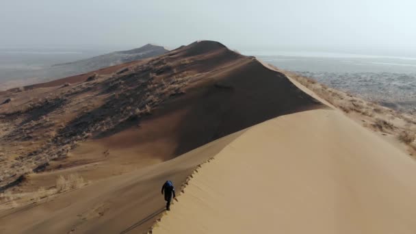 Мужчина Турист Идет Вершине Большой Длинной Песчаной Дюны Пустой Участок — стоковое видео